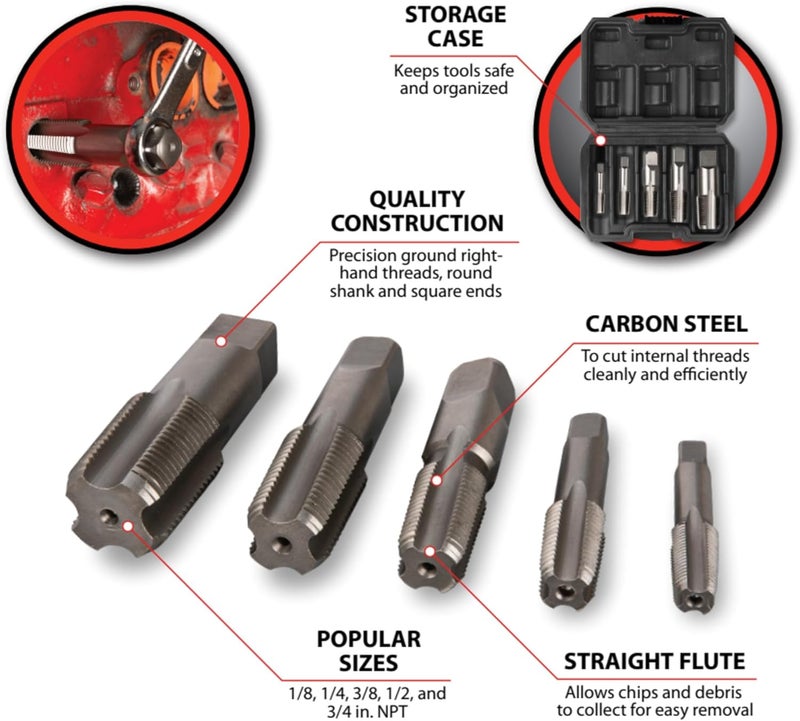 Performance Tool W86950 5 pc. Pipe Tap Set: 1/8 to 3/4-in NPT Sizes, Straight Flute to Remove Chips, Carbon Steel Construction, Comes with Blow-Molded Case, for Plumbing, Automotive and Household - Image 2